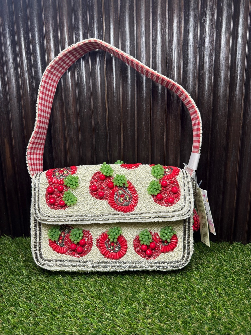 NWT Viral TJ Maxx Tomato Beaded Bag Marshalls Gingham Strap Handcrafted India